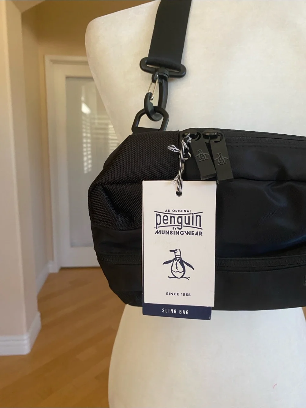 Original Penguin Black Crossbody Sling Bag with Adjustable Strap
